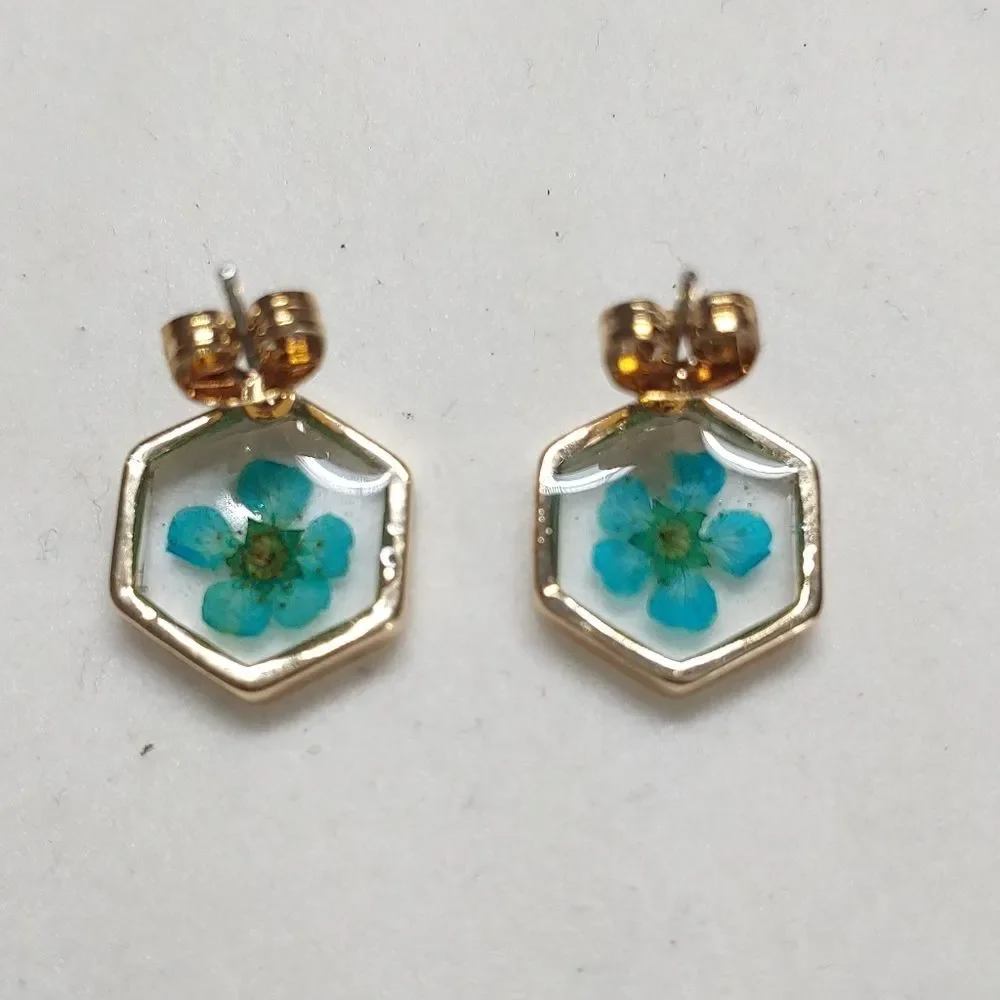 Earrings Rose Gold Color Hexagon w/ Dried Teal Flo